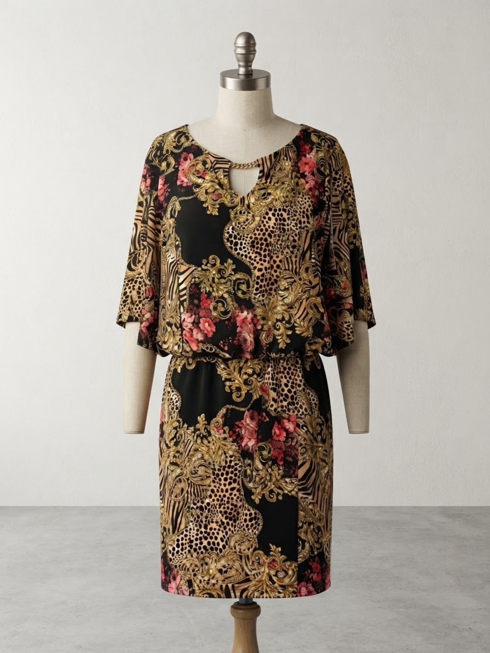 Black Floral & Gold Baroque Print Midi Dress